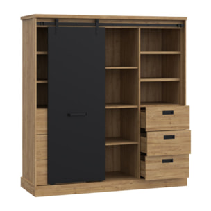 Buffet haut et large avec LED en bois effet chêne et noir - FACTORY