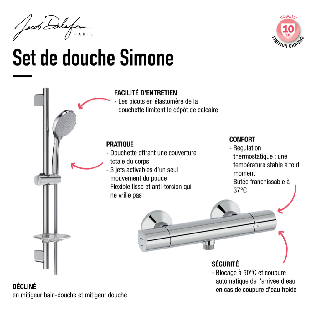 Mitigeur de douche thermostatique Simone + barre + pommeau de douche