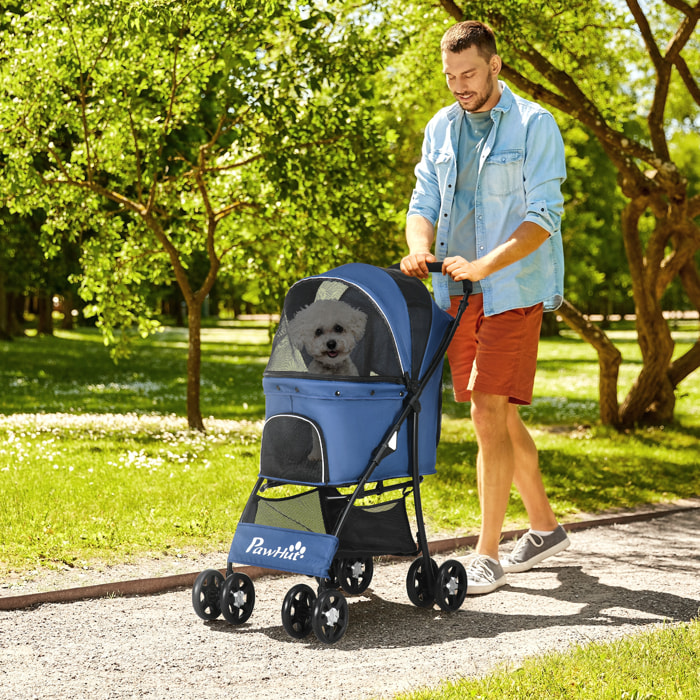 Carrito para Perros Plegable Cochecito para Mascotas Carrito para Perros Pequeños con Cesta de Almacenaje Capota Ajustable Ventana de Malla y 2 Ruedas Universales 81x48x99 cm Azul Oscuro