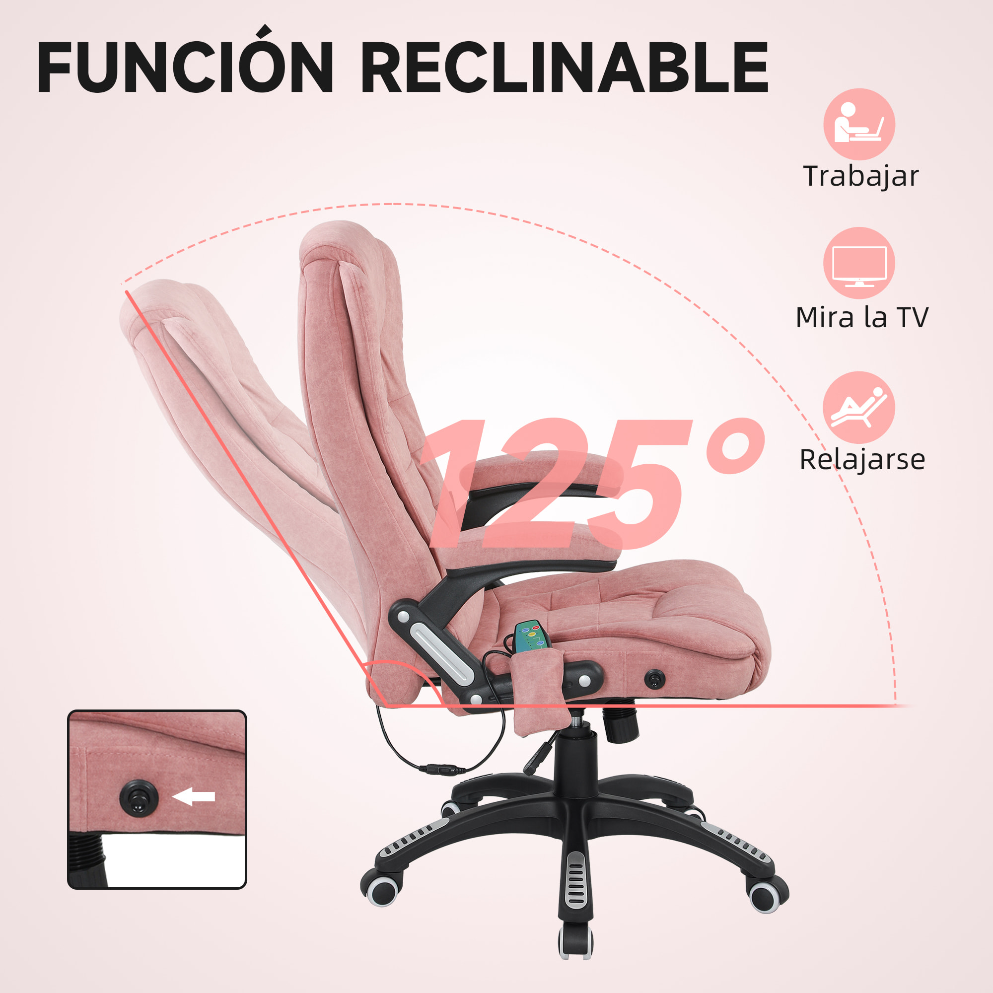 Silla de Oficina con Masaje de 6 Puntos Silla de Escritorio Giratoria con Función Basculante con Calefacción Altura Ajustable Respaldo Reclinable y Mando a Distancia 65x71x110-120 cm Rosa