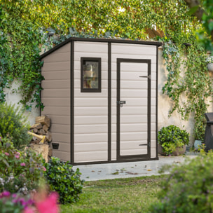 Manor Pent 6x4 - Casetta da Giardino 183,50x200,50x111 cm 1 Anta per deposito attrezzi finitura effetto legno graffiato in Resina Beige