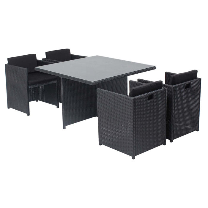 Table et chaises 4 places encastrables en résine noir-noir REGINA
