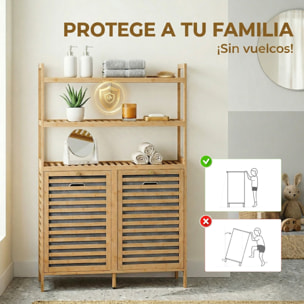 Mueble Ropa Sucia de Bambú, 2 en 1, Mueble de Baño con 2 Cestos para Ropa Sucia Inclinables 38,7 L y 3 Estantes, para Cocina, Salón, 80x30x118 cm, Roble
