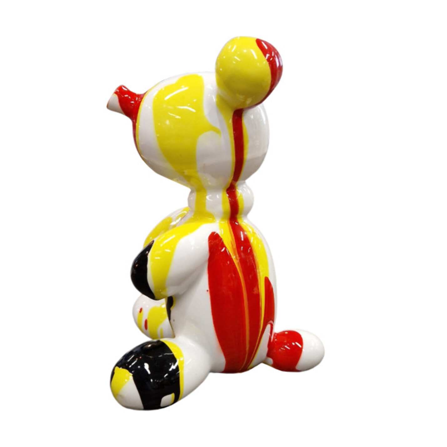 Statuette nounours balloon blanc en résine peintures noir, rouge, jaune H13cm - BEAR 01
