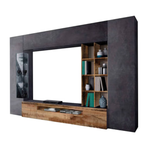 Parete attrezzata da soggiorno, Made in Italy, con luce LED blu, Base porta TV e pensili e scaffali, Set salotto moderno, cm 290x40h192, colore Ardesia e Acero