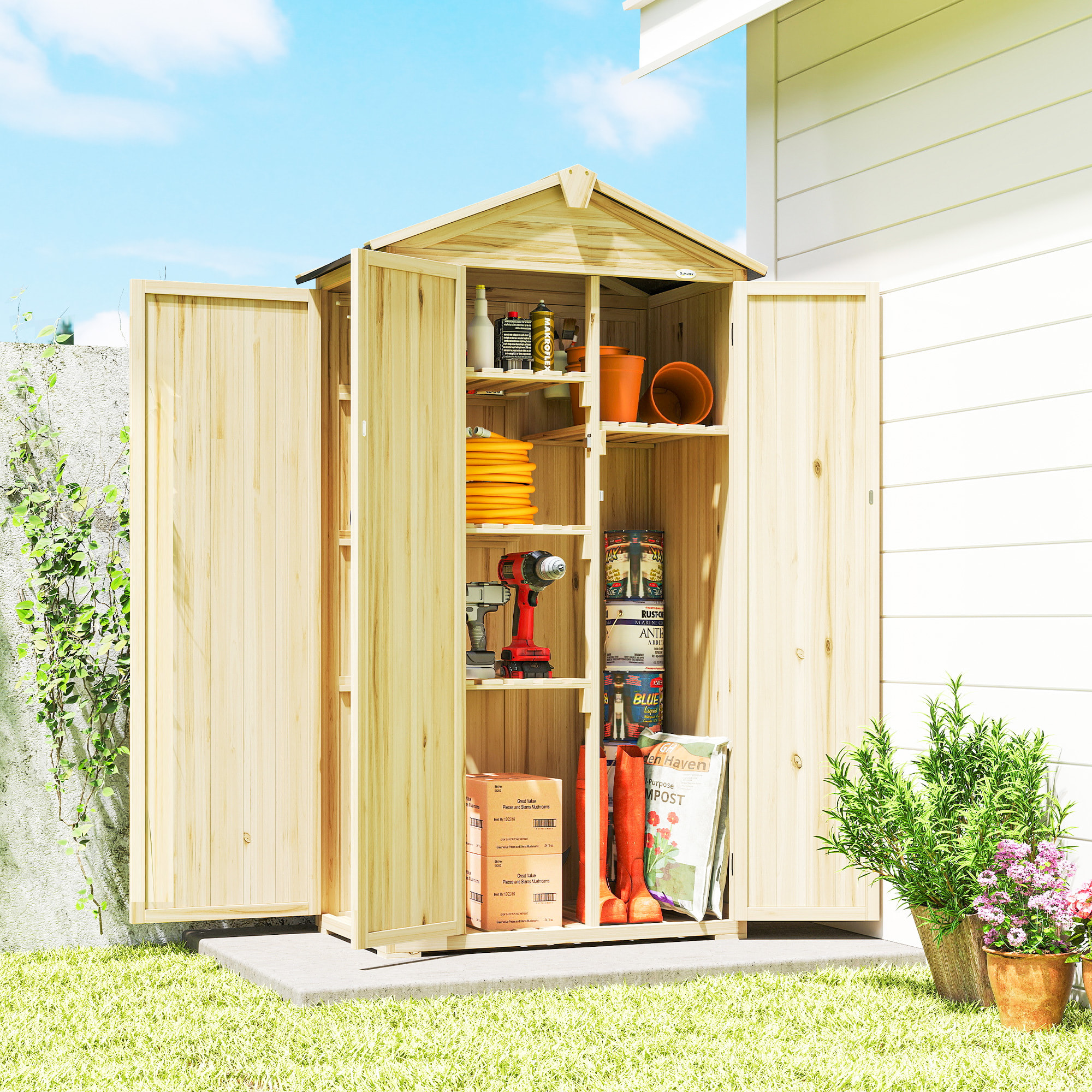 Caseta de Jardín de Madera 93x53x168 cm, Cobertizo Jardín Exterior, Armario Exterior para Herramientas con Puertas Bloqueables, 4 Estantes, Techo Asfáltico Inclinado y Ganchos, Madera Natural
