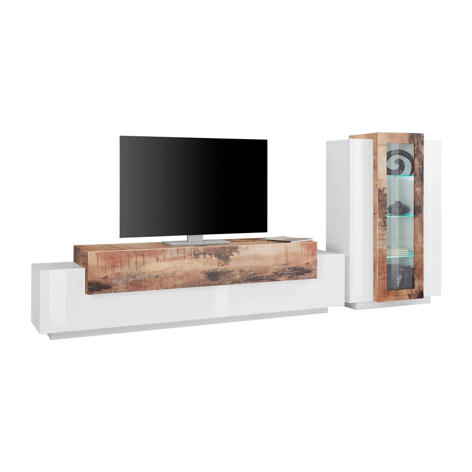 Parete attrezzata da soggiorno modulare, Made in Italy, con luce LED bianca, Base porta TV e vetrina, Set salotto moderno, cm 290x45h121, colore Bianco lucido e Acero