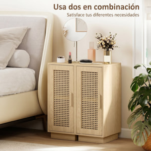 Conjunto de 2 Mesitas de Noche con Puerta de Ratán, Mesillas de Noche, Estilo Boho, con Estante Ajustable, Mesitas para Espacios Pequeños, Salón, Dormitorio, 25x30x60 cm, Madera Natural
