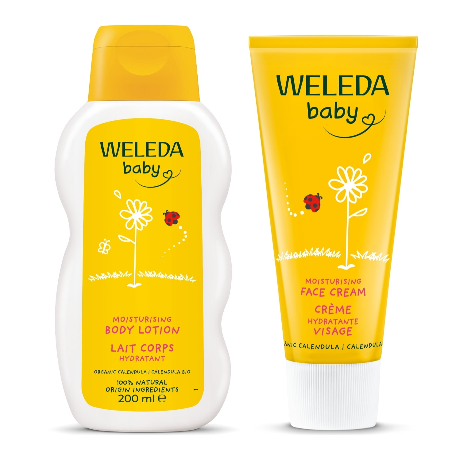 WELEDA - DUO Lait corps hydratant + Crème Hydratante Visage Calendula - Hydratation - pour Bébé - Certifié Natrue ** - Flacon 200ml et Tube 50ml