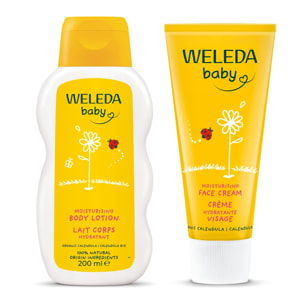 WELEDA - DUO Lait corps hydratant + Crème Hydratante Visage Calendula - Hydratation - pour Bébé - Certifié Natrue ** - Flacon 200ml et Tube 50ml