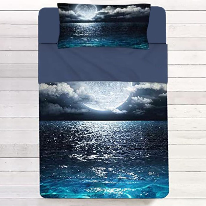 INTRECCI Set Lenzuola Una Piazza e Mezza in Cotone, Stampa Alta Qualità, Lenzuolo Sotto + Lenzuolo Sopra + 1 Federa, Comfort, per Pelli Sensibili, non Stringe in Lavatrice. Fantasia: Sea Moon
