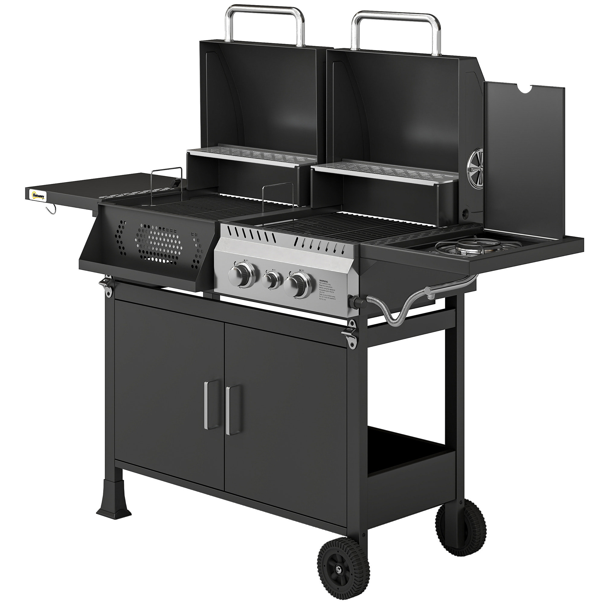 Barbecue hybride gaz et charbon de bois barbecue mixte 2 en 1 avec 3 brûleurs et feu latéral thermomètre - acier - noir