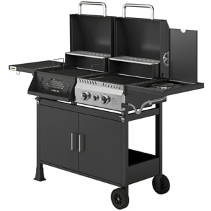 Barbecue hybride gaz et charbon de bois barbecue mixte 2 en 1 avec 3 brûleurs et feu latéral thermomètre - acier - noir