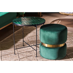 Pouf rond en velours vert foncé et métal doré D40 cm JOY