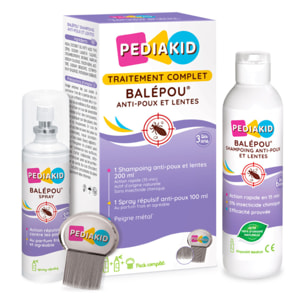PEDIAKID - Traitement complet Balépou anti-poux et lentes - 1 Shampoing Anti-Poux et Lentes 200 ml + 1 Spray Répulsif 100 ml + 1 peigne