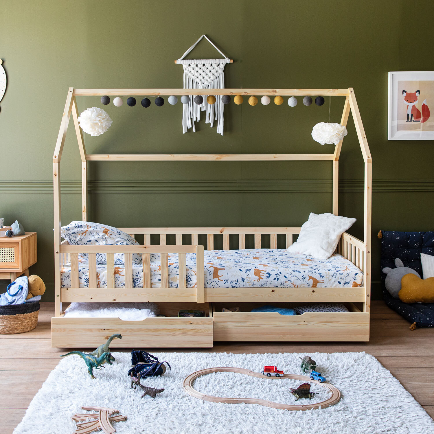 Lit cabane pour enfant 190x90cm en bois avec tiroirs MARCEAU