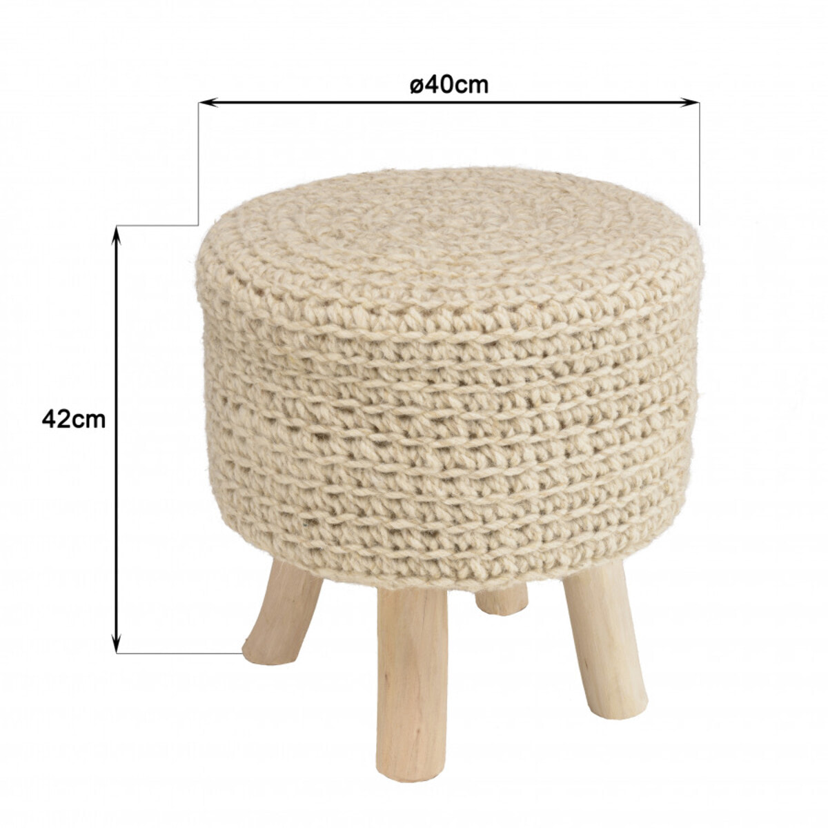 CHARLES - Tabouret rond 40x40cm laine tressé ivoire pieds bois naturel