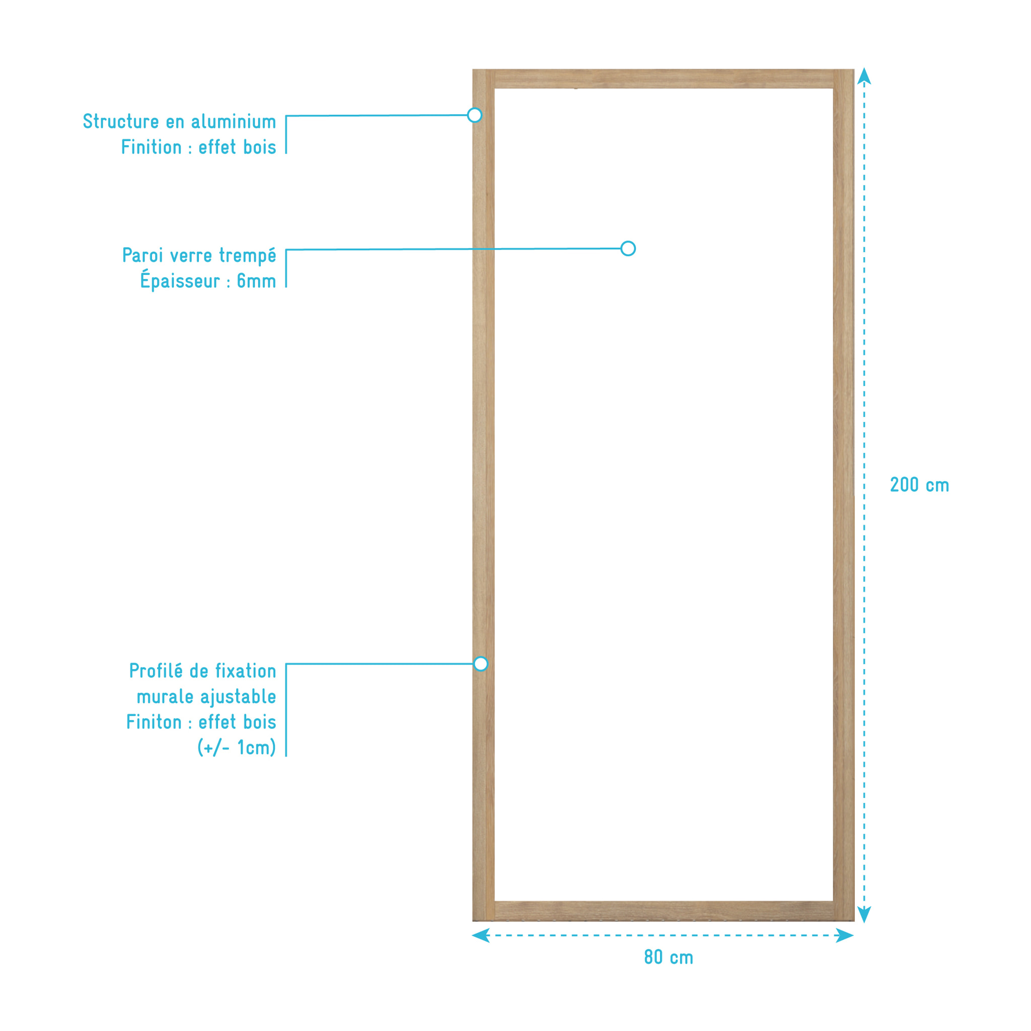 Paroi de retour 80x200cm - Profilés Aluminium effet Bois - Verre Trempé 6mm - WOOD CRUSH