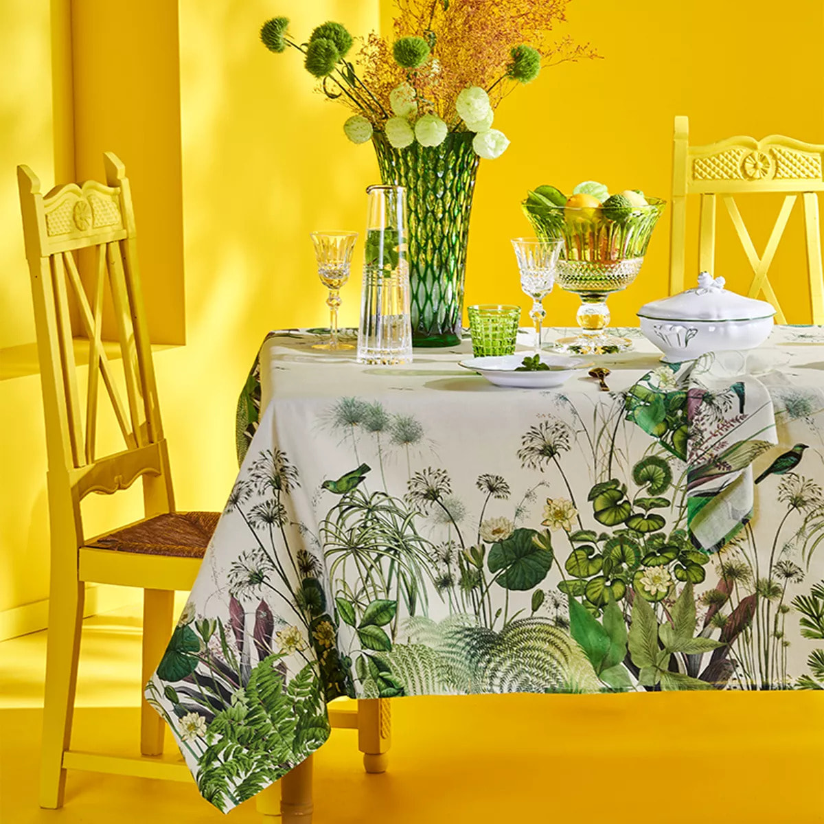 Nappe lin & coton lavé 150 g/m² imprimé multicolore Nenuphars parchemin