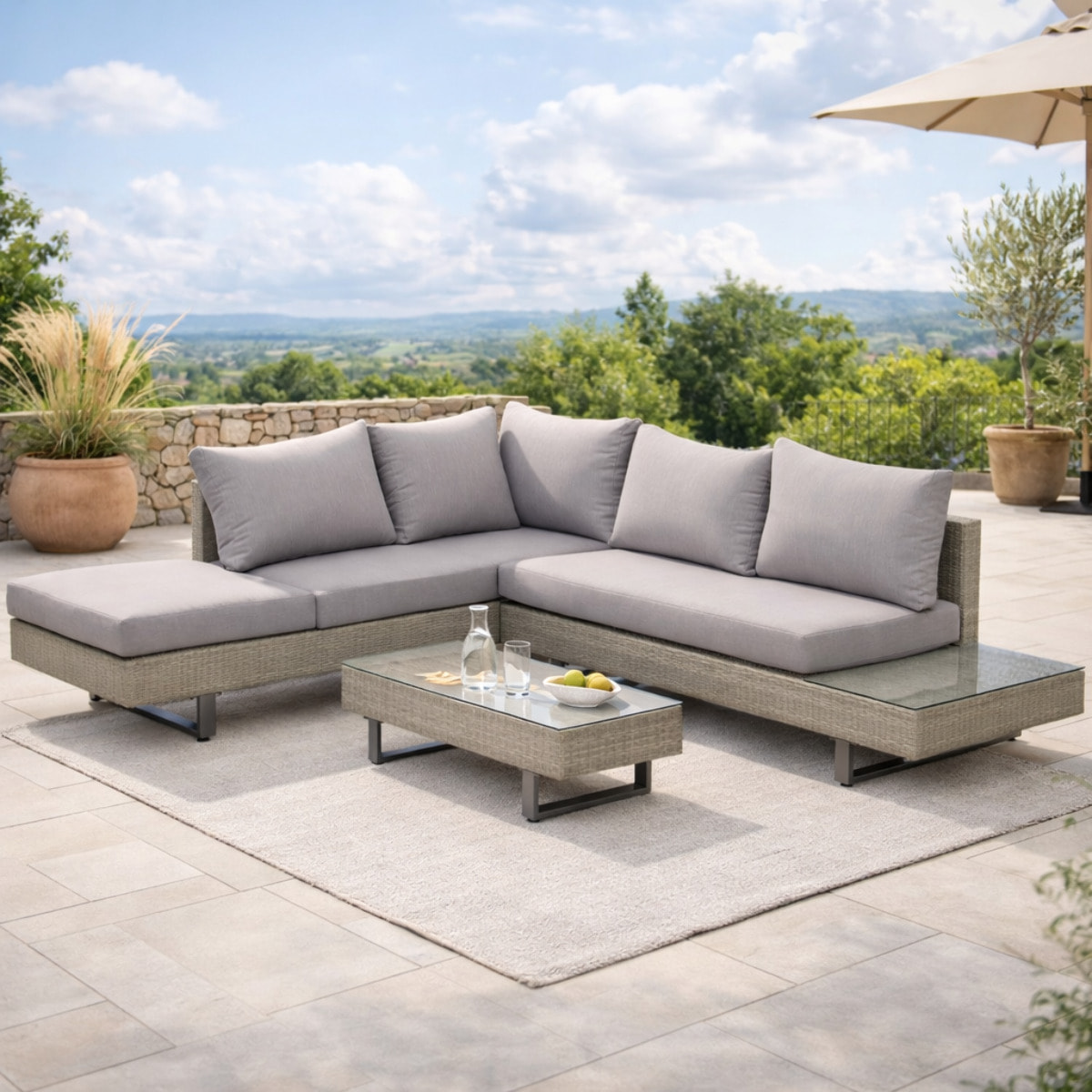 Salon de jardin d'angle 5 places – Design contemporain – Table incluse