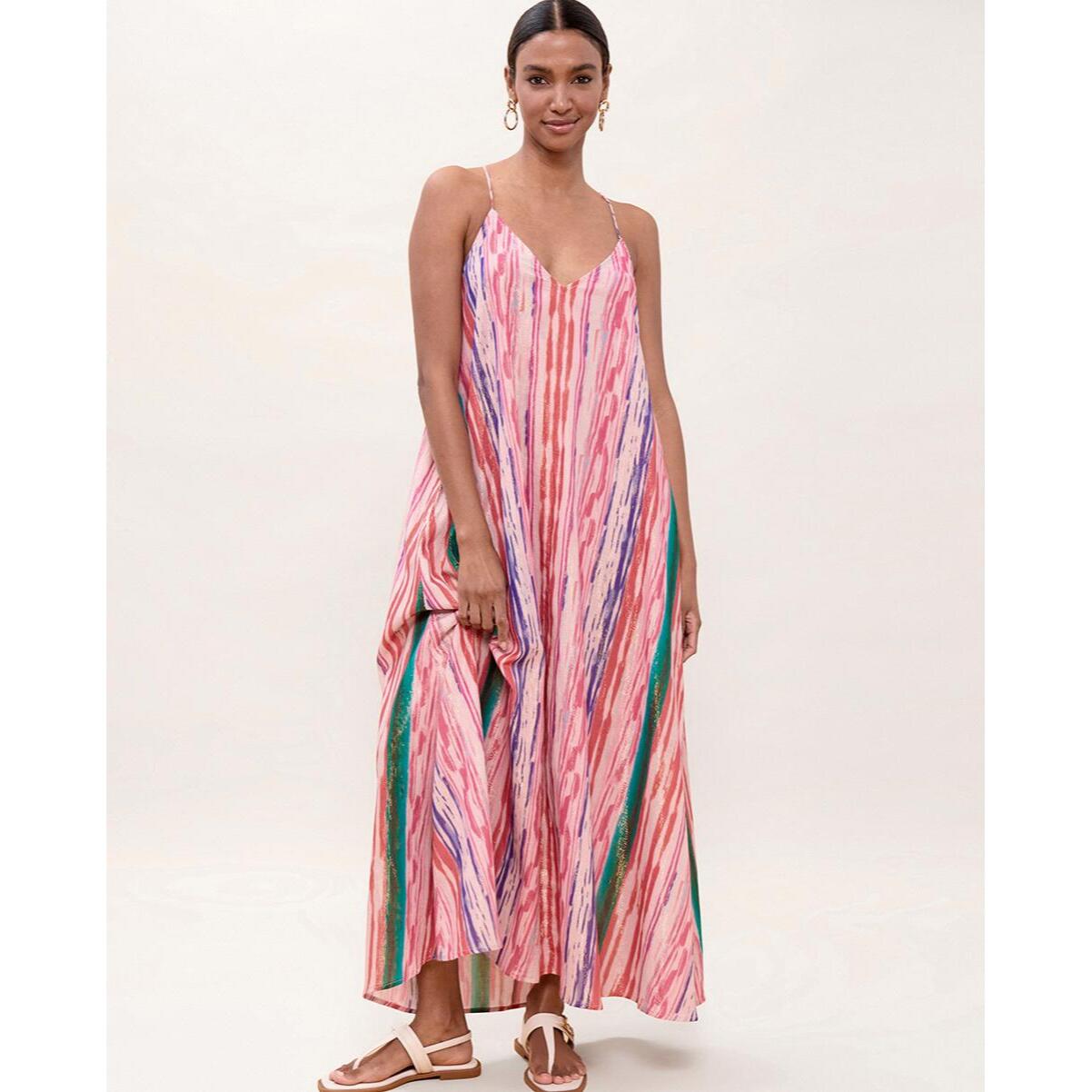 Abito lungo con spalline e strisce in lurex multicolore