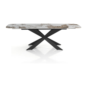 Table à manger ovale extensible Tomasucci GEMY 120 ONICE MARBLE - BLACK, céramique effet marbre onyx brillant et acier noir mat, 120 à 180 cm