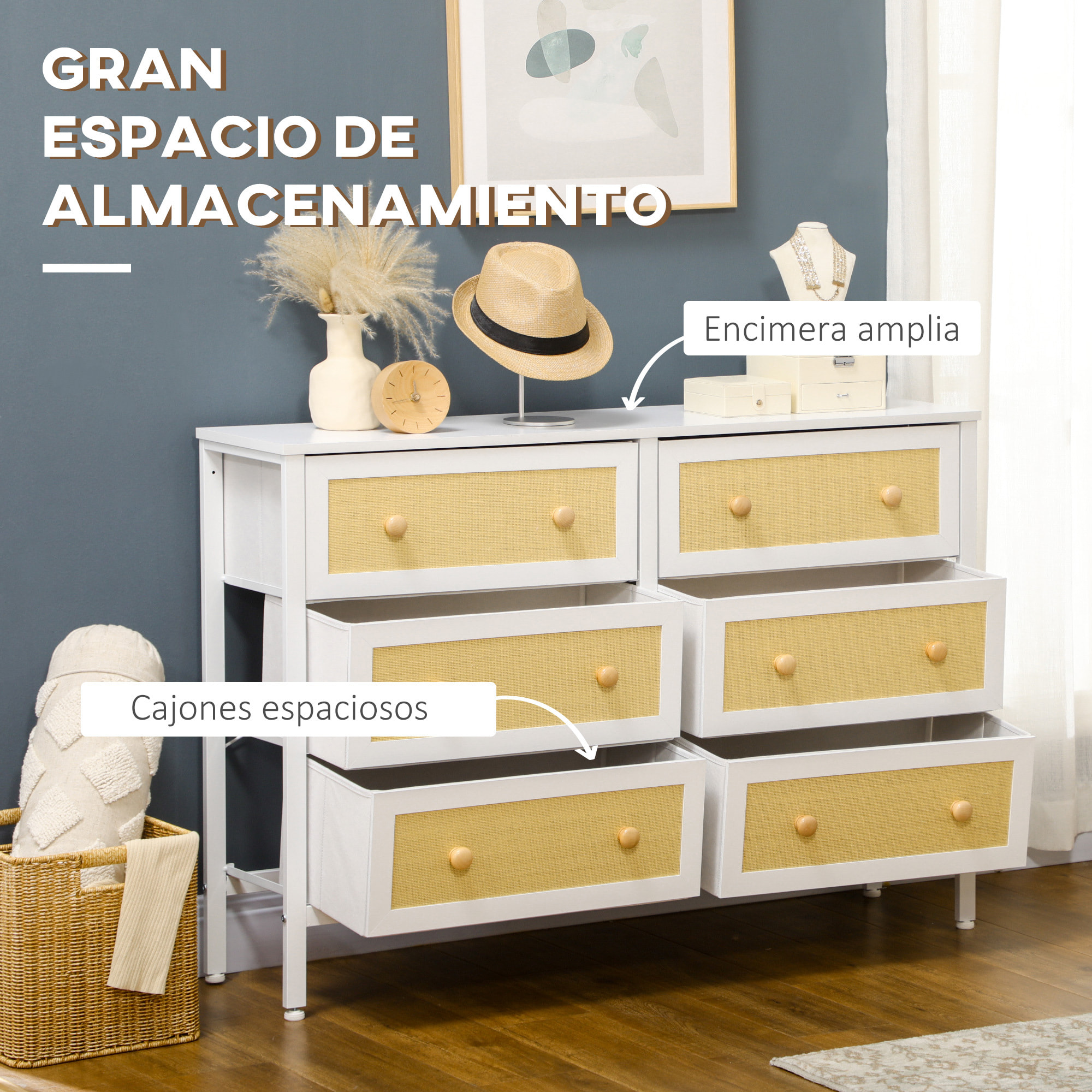 Cómoda Moderna con 6 Cajones de Tela Plegable para Dormitorio Cajonera con Superficie de Ratán PE y Marco de Acero para Salón 120x30x83 cm Blanco