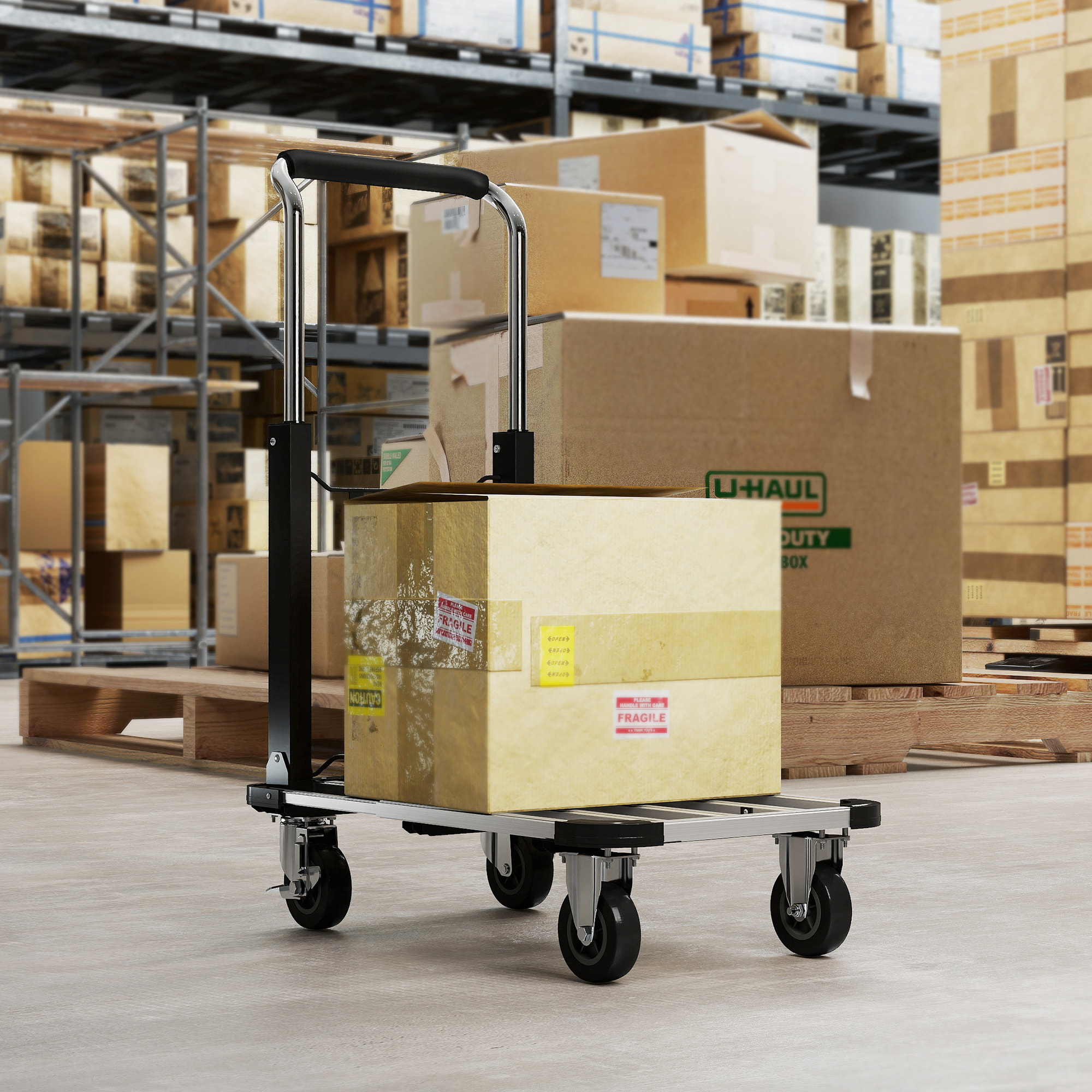 Carretilla Plegable de Aluminio con Ruedas, Carga 150 kg, Carretilla de Mano Robusta con Plataforma Extensible y Mango Ajustable, para Garaje, Oficina, Equipaje, Viajes y Compras, Plata y Negro