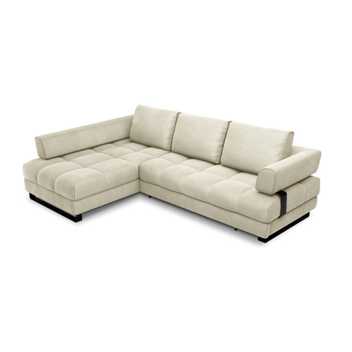 Canapé d'angle gauche convertible avec coffre de rangement "Clinton" 5 places en velours beige clair