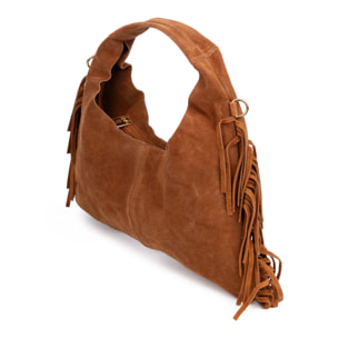 Barisciano borsa a spalla da donna. Pelle scamosciata autentica, con frange.