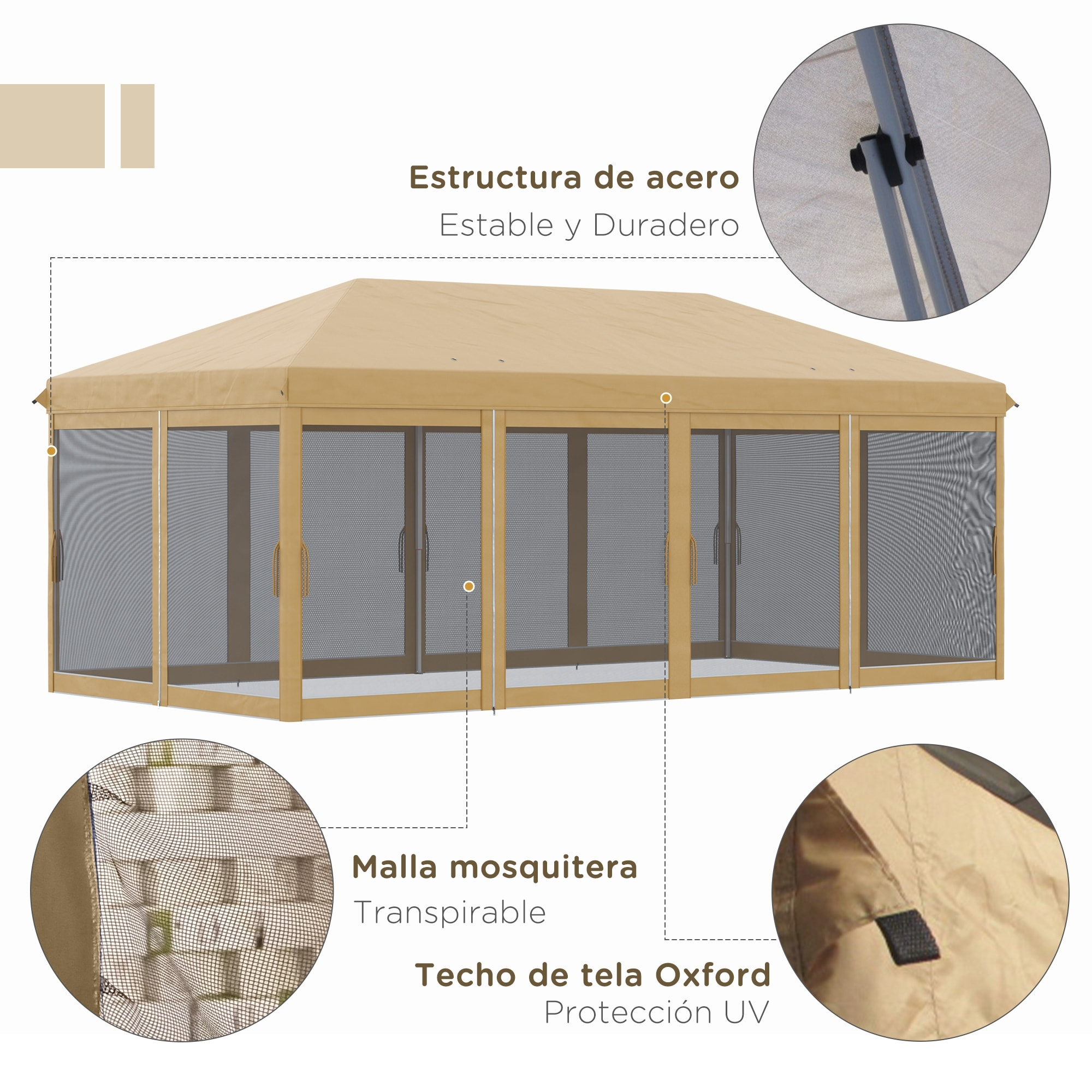 Outsunny Carpa Plegable 6x3 m Cenador de Jardín Gazebo con 6 Mosquiteras Bolsa de Transporte y Marco de Acero para Camping Fiestas Beige