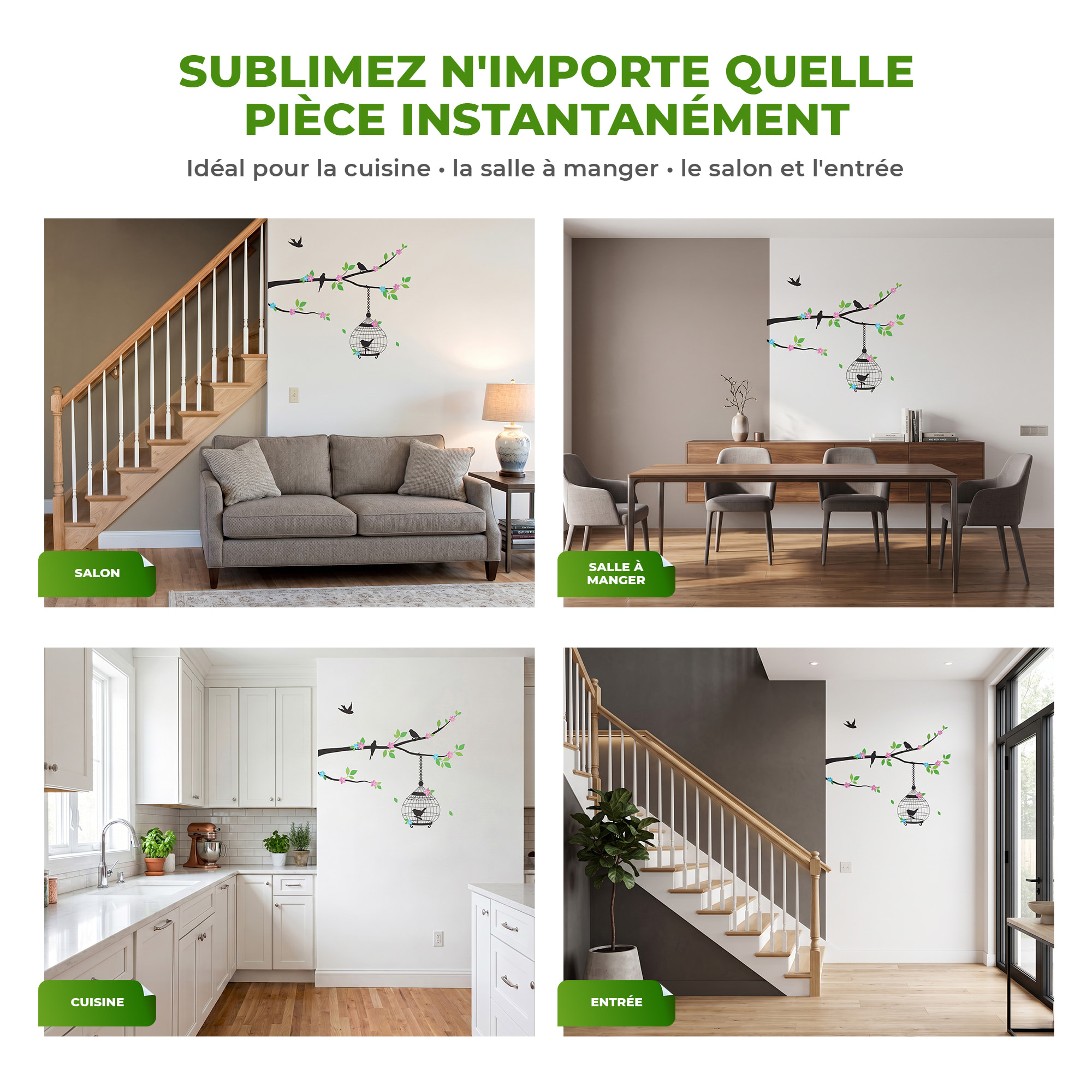 Stickers Muraux décoration adhésifs arbre fleuri et cage oiseaux
