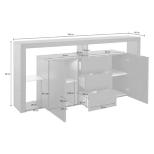 Credenza Ddapozz, Buffet da soggiorno a 2 ante e 3 cassetti, Madia da salotto, Credenza moderna, 100% Made in Italy, 180x40h80 cm, Bianco lucido