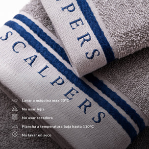 Set toallas baño (tocador 30x50cm + manos 50x90cm + baño 70x140cm) 450gsm en algodón gris con azul scalpers home