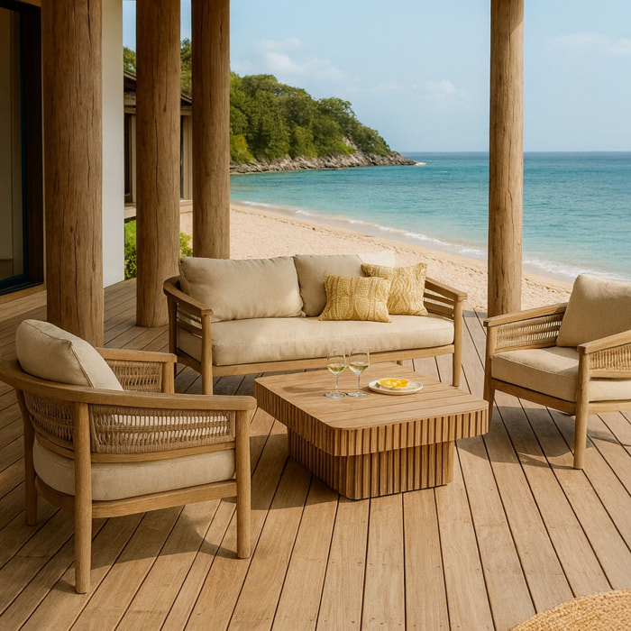 Salon de jardin 4 places en bois d'acacia et corde tressée taupe MAUI