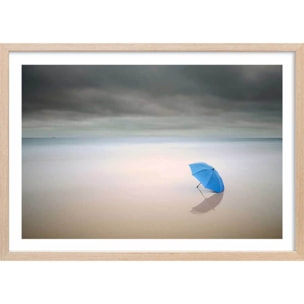 Poster parapluie bleu Affiche + cadre en bois - Chêne