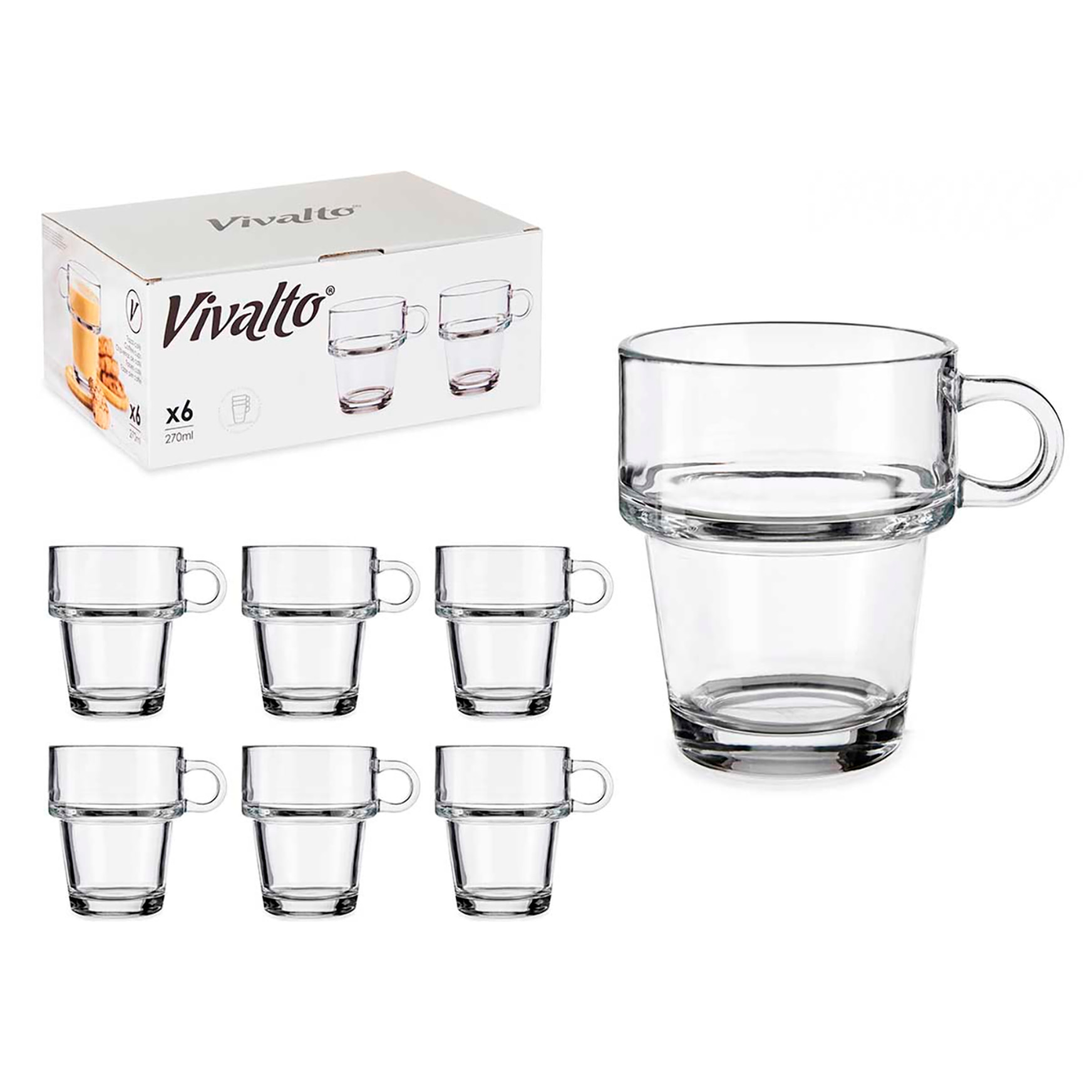 PACK 6 TAZAS VIDRIO APILABLE 270 ML CON ASA