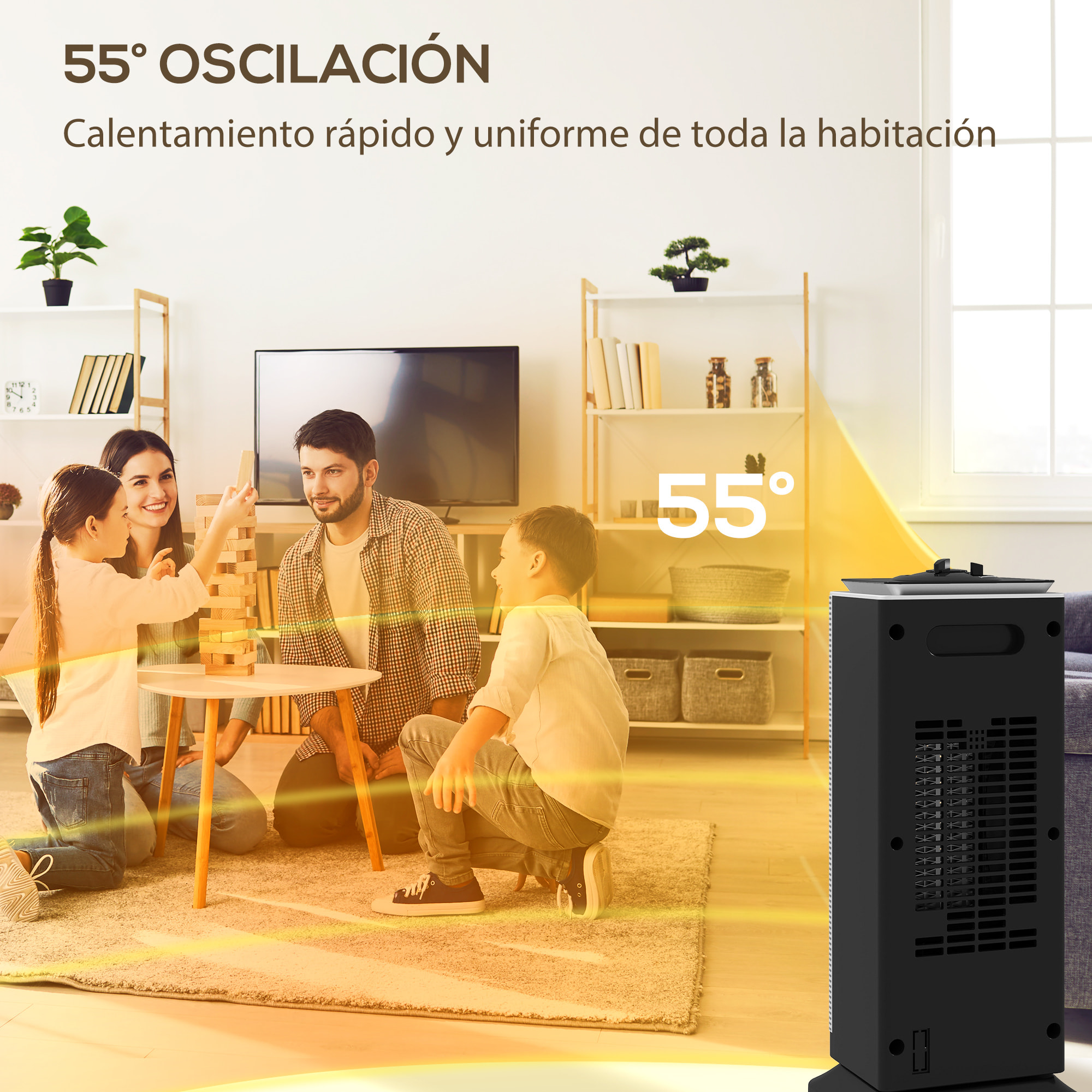 Calefactor Eléctrico Bajo Consumo Cerámico, 2000W PTC, con 3 Modos, Termostato Regulable, Oscilación de 55°, Protección contra Vuelcos y Sobrecalentamiento para 15Ã£Å½Â¡ en Dormitorio, Negro