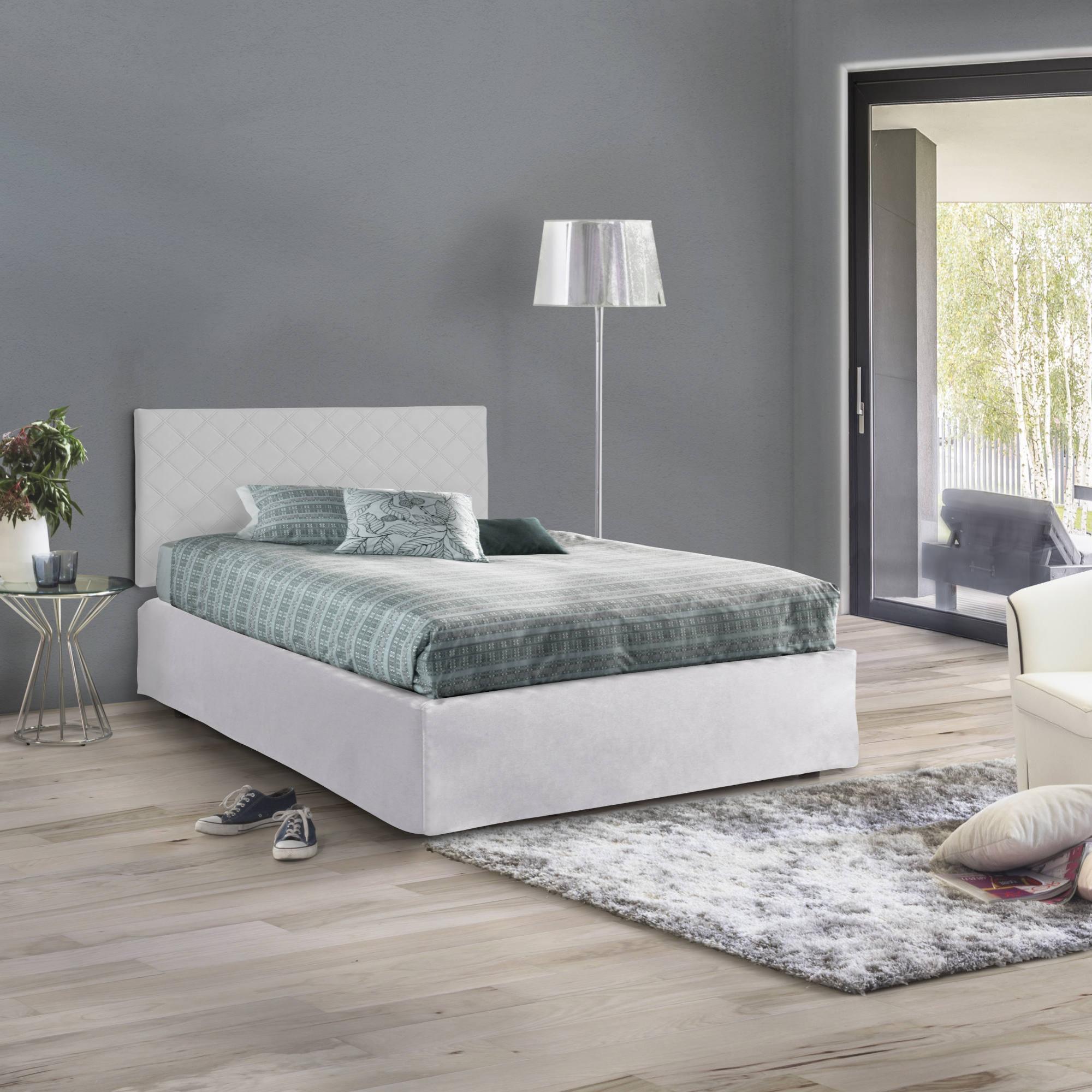 Letto piazza e mezza Clea, Set testata in ecopelle con rete ortopedica e mantovana, 100% Made in Italy, adatto a materasso da Cm 120x190, Bianco