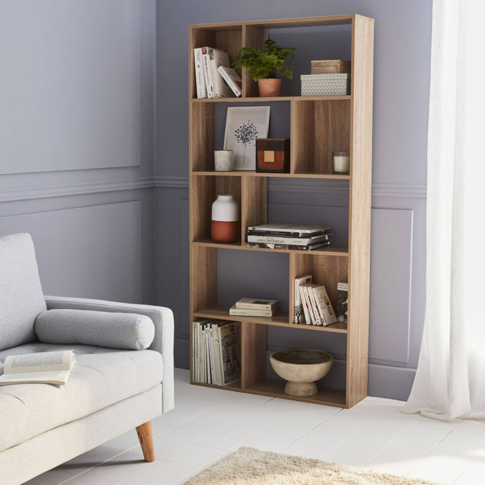 Bibliothèque design asymétrique – Pieter – 5 étagères. 10 compartiments de rangement. 83x23x173cm