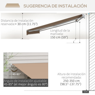 Toldo Manual Retráctil 350x250 cm Toldo para Balcón con Manivela de Metal Impermeable y Anti-UV Toldo Enrollable de Exterior para Jardín Terraza Ventanas Marrón