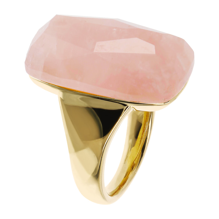 Anello Chevalier in Argento 925 placcato Oro Giallo 18Kt con Quarzo Rosa Sfaccettato