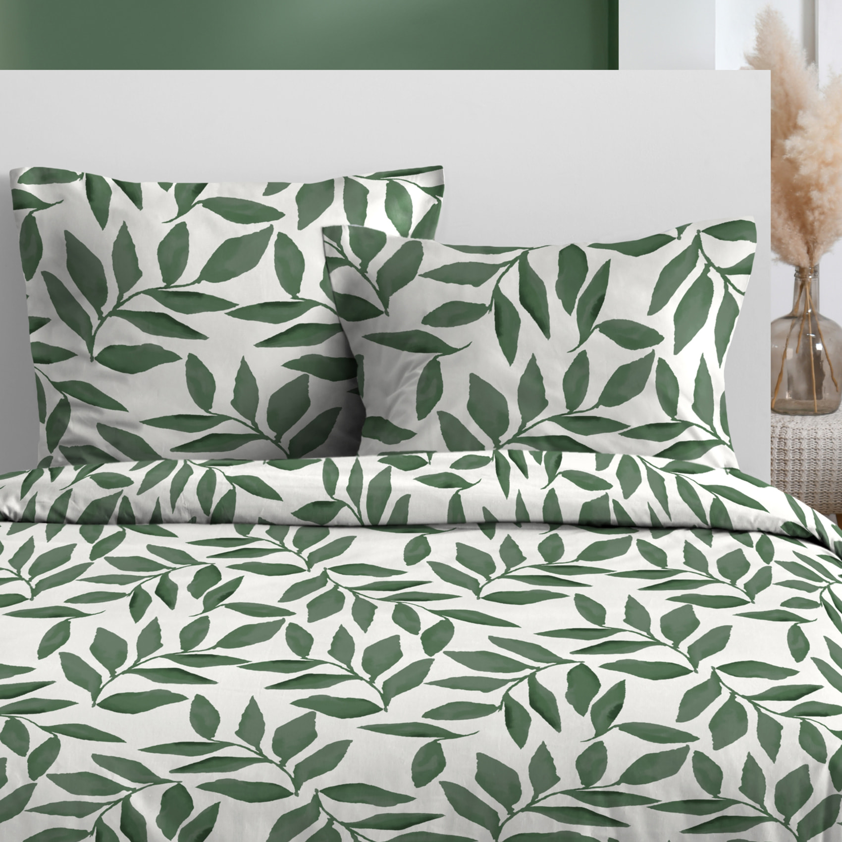 Parure de lit 3 pièces  microfibre feuillage housse + taies - Vert