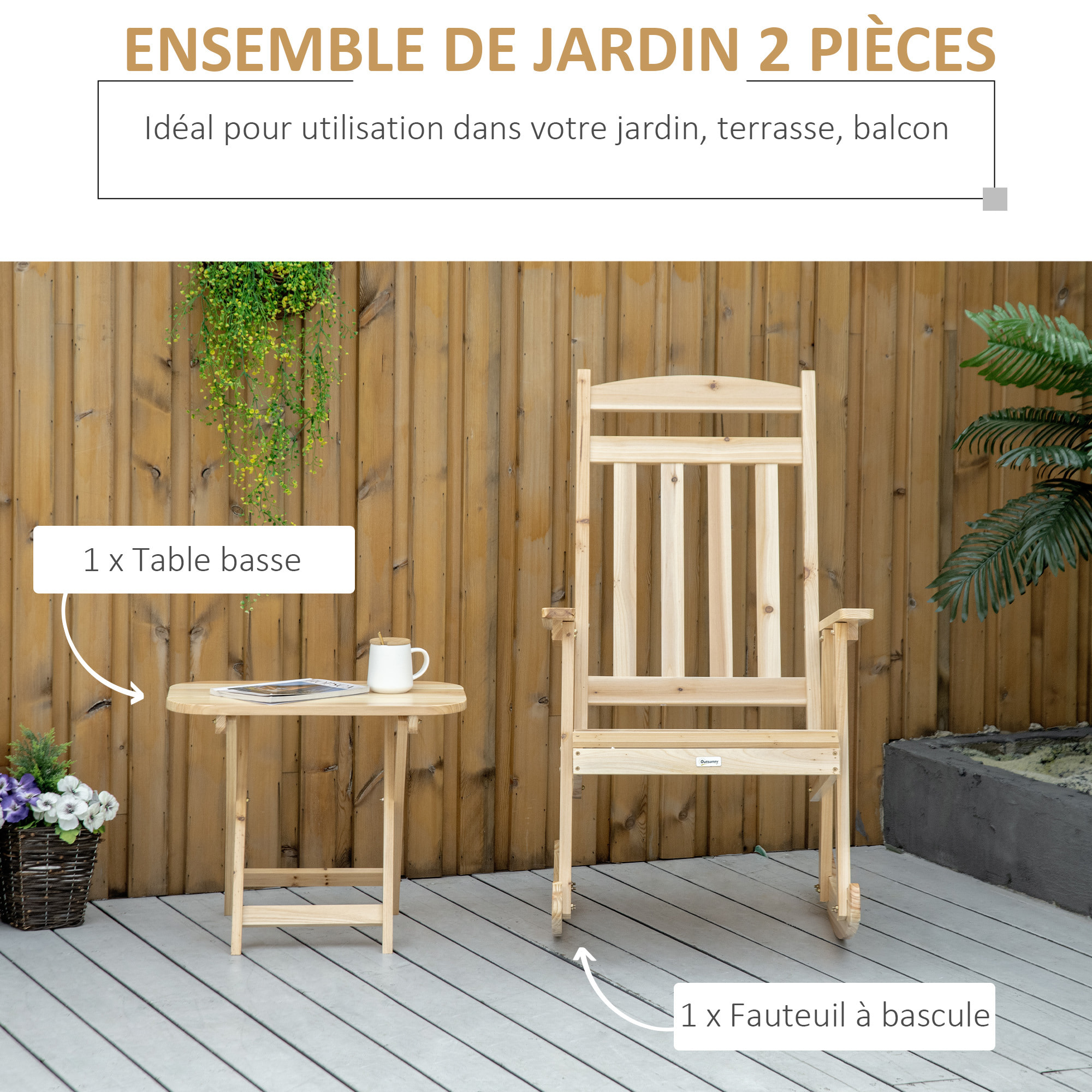 Fauteuil de jardin à bascule avec table basse rocking chair style rural chic bois sapin pré-huilé