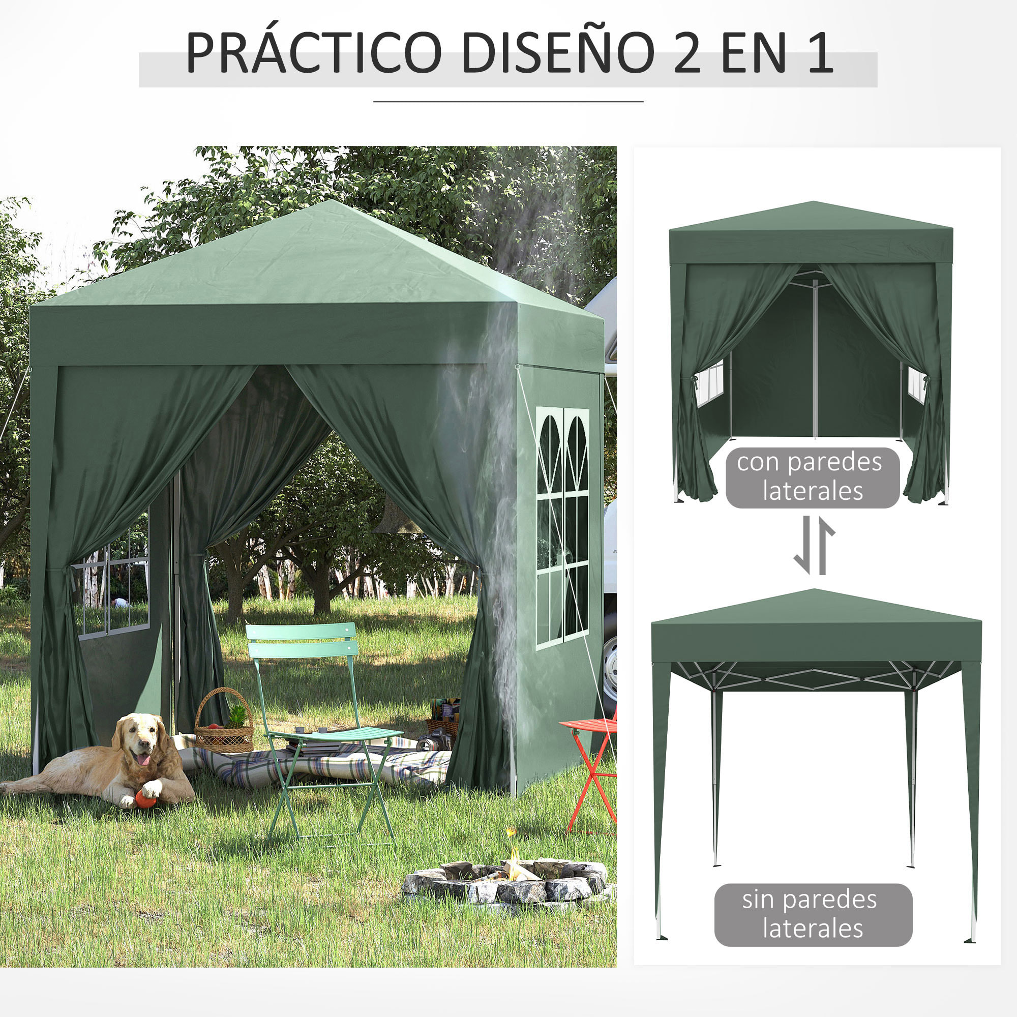 Outsunny Carpa Plegable 2x2m Exterior con 4 Paredes y Bolsa de Transporte Verde