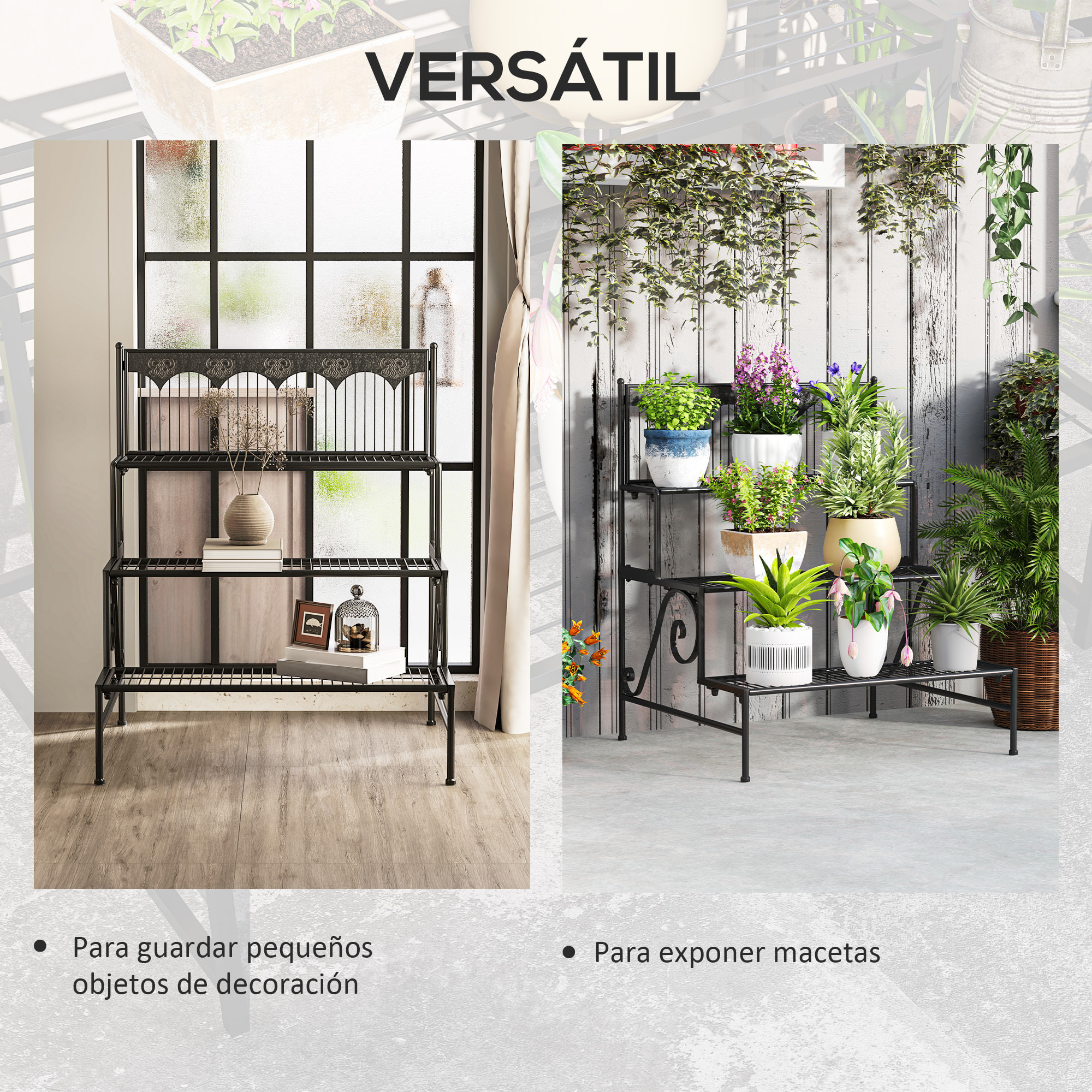 Soporte para Plantas de 3 Niveles Estantería para Plantas para Esquina Diseño en Escalera Soporte para Macetas Interior y Exterior 73x66x85 cm Negro