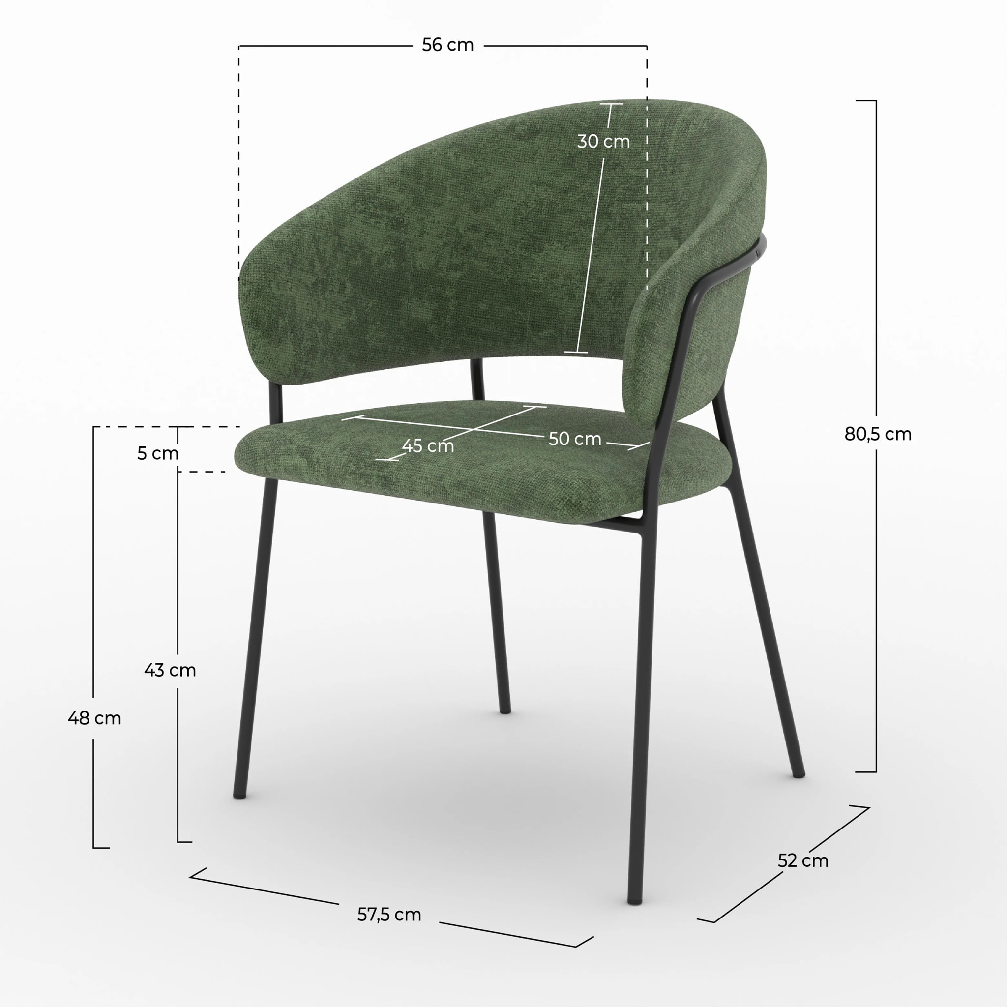 Lot de 2 chaises en tissu vert sapin et pieds en métal noir - Amaya