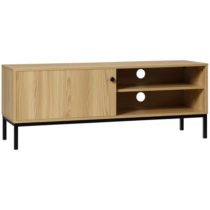 Meuble TV banc TV design industriel - porte coulissante, 2 niches, 2 passe-fils - piètement métal noir panneaux aspect bois clair