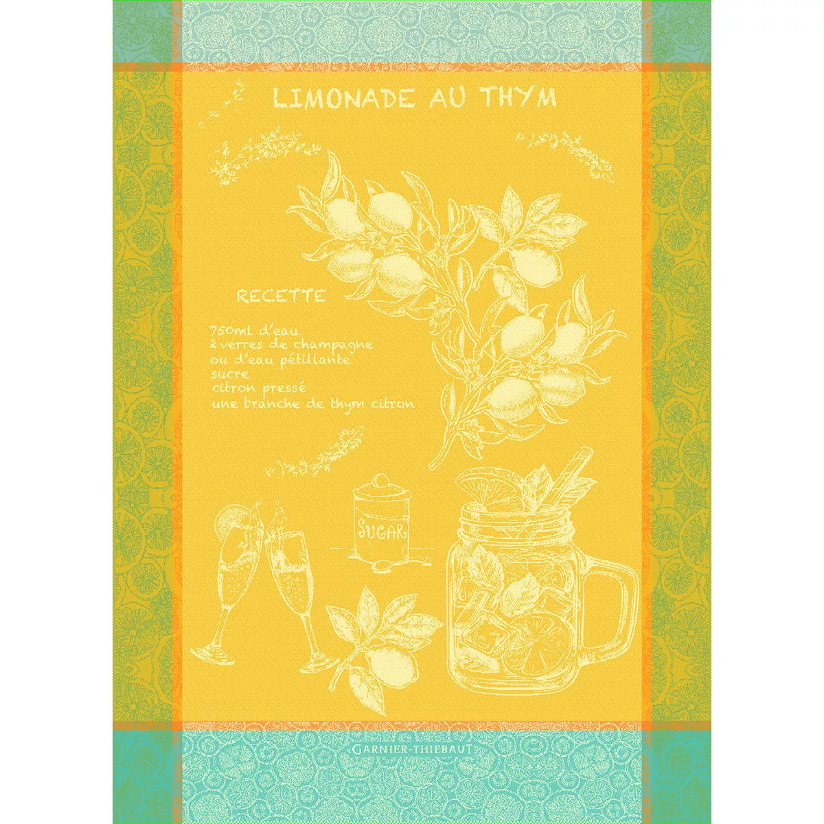 Torchon pur coton motif jacquard jaune Limonade au thym soleil