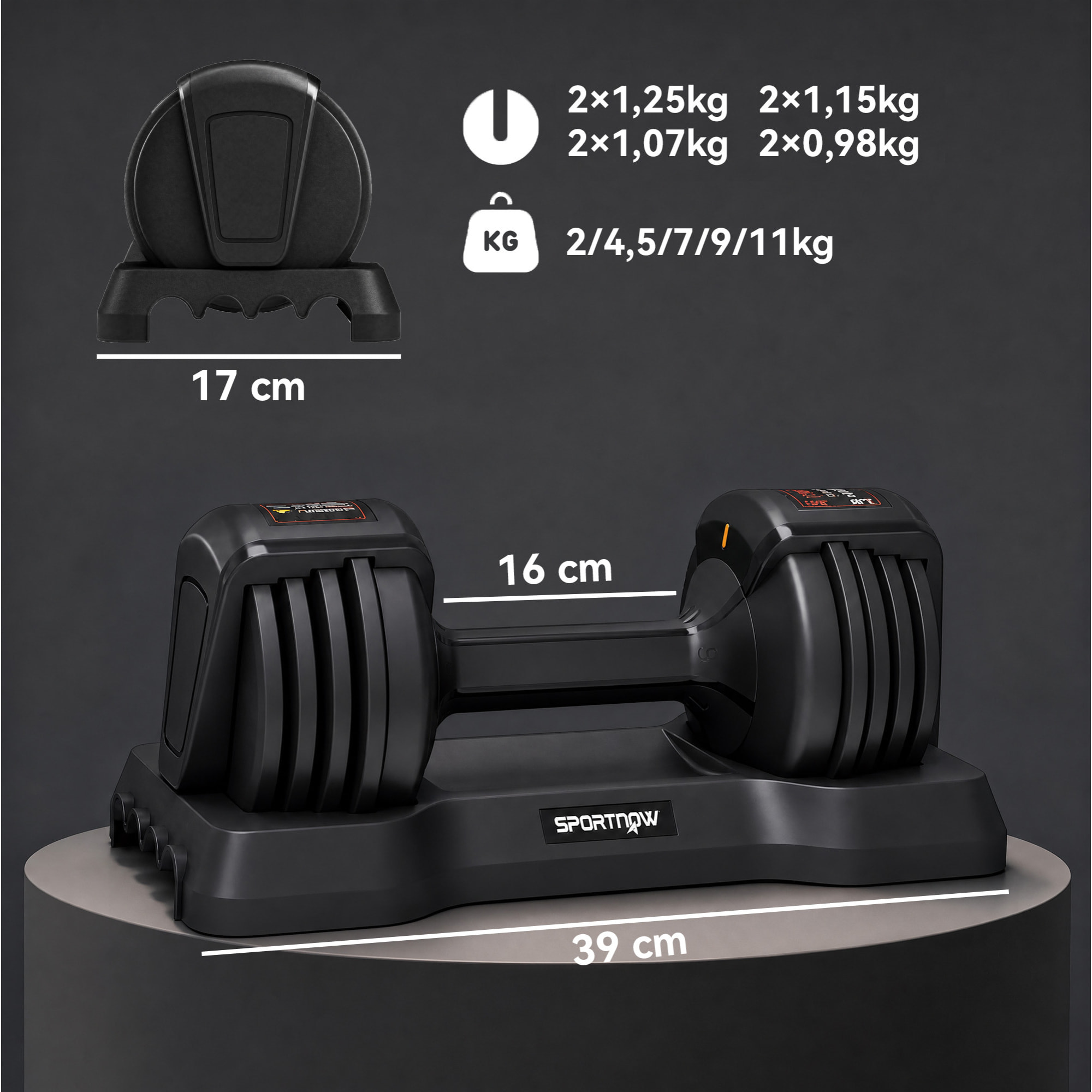 SPORTNOW Mancuerna Ajustable 11 kg con 5 Niveles de Peso, Pesas y Mancuernas, Sistema de Ajuste Rápido, Bloqueo de Seguridad, Agarre Antideslizante y Base, para Entrenamiento en Casa, Gimnasio